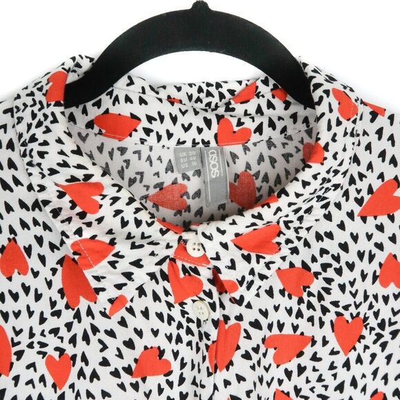 Asos Design Womens Button Up Shirt Size 16 Black Red Hearts Crop Flowy Spring - Picture 5 of 7
